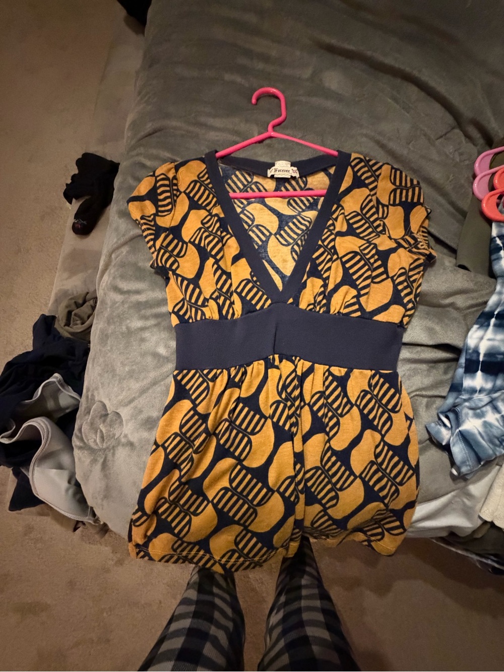 V-Neck Patterned Tank Top in Mustard and Navy - Women